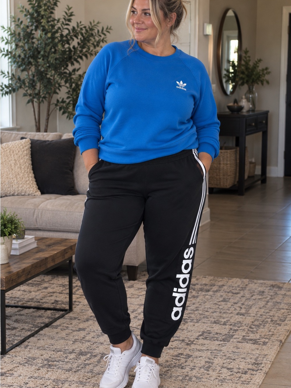 adidas Black XL Track Joggers with blue crewneck outfit